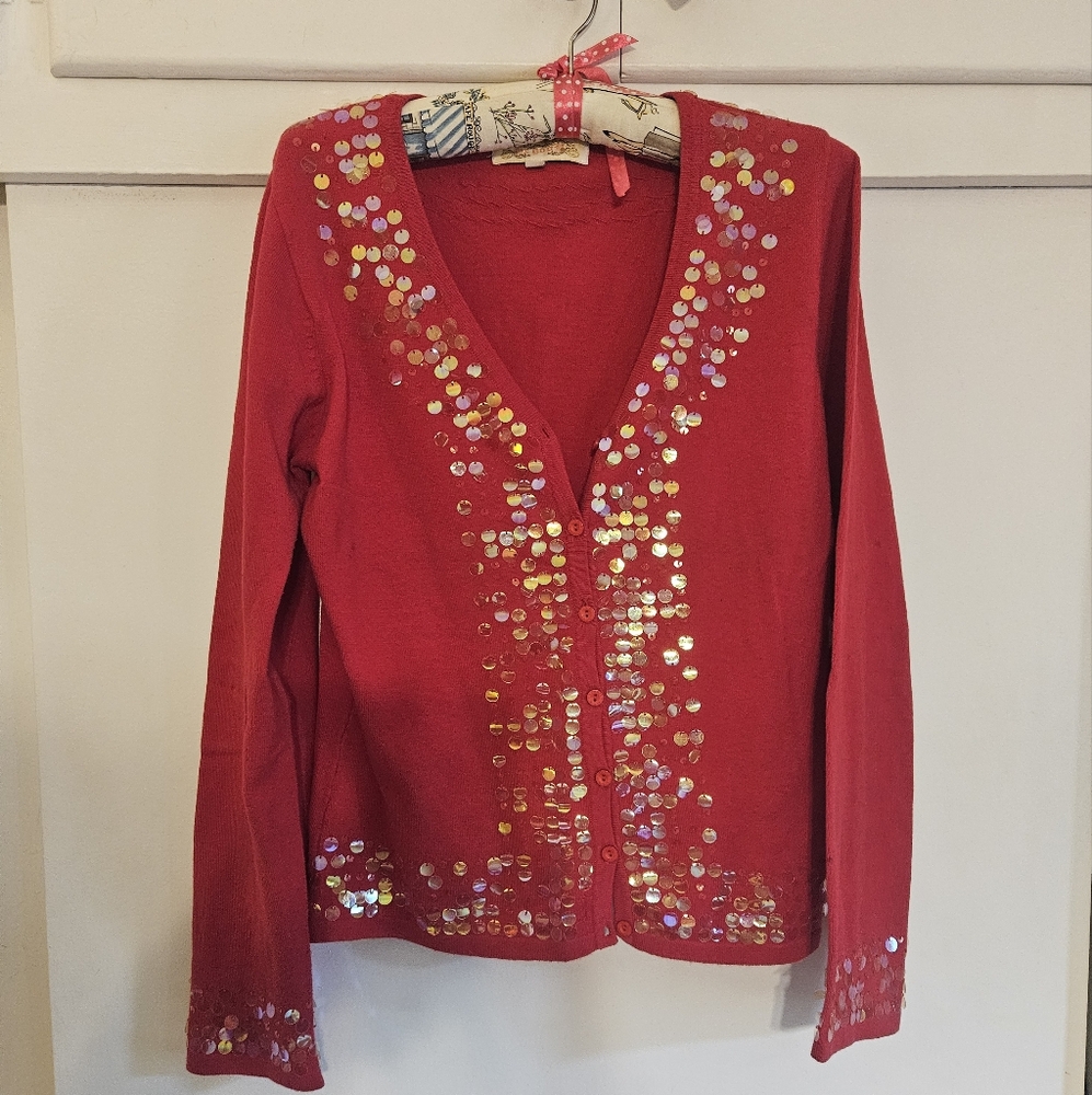 Fun Red Sequin Cardigan Size L